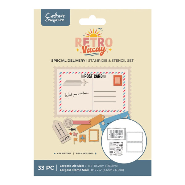 Crafter's Companion Retro Vacay Stamp, Die & Stencil Set - Special Delivery
