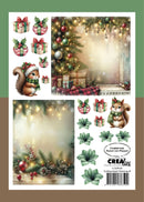 A Christmas-themed craft paper sheet featuring illustrated squirrels in Santa hats, wrapped gift boxes with red bows, evergreen trees with ornaments, warm string lights, and watercolor-style green leaves. The sheet includes Dutch text and a barcode with the brand name Creations.