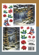 A Christmas-themed die-cut sticker sheet featuring snowy forest scenes with warm string lights, red poinsettias, holly, blue berries, and two cartoon cardinals wearing blue hats and scarves. The sheet includes printed text and a barcode, photographed against a gray background with a tan vertical band on the left.