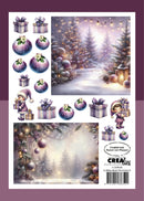 A Christmas-themed craft paper sheet featuring a snowy forest scene, wrapped gifts, purple ornaments, and cartoon children, with the brand name Creations by Suisei van Poppel visible on the lower right.