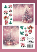 A Christmas-themed craft sticker or decoupage sheet featuring pink poinsettias, green holly leaves, a decorated Christmas tree, lanterns, and two cute cartoon mice in holiday outfits. The sheet is shown against a pink background with branding text 'CREaTies' and 'Cutsie Heart Christmas E' visible.