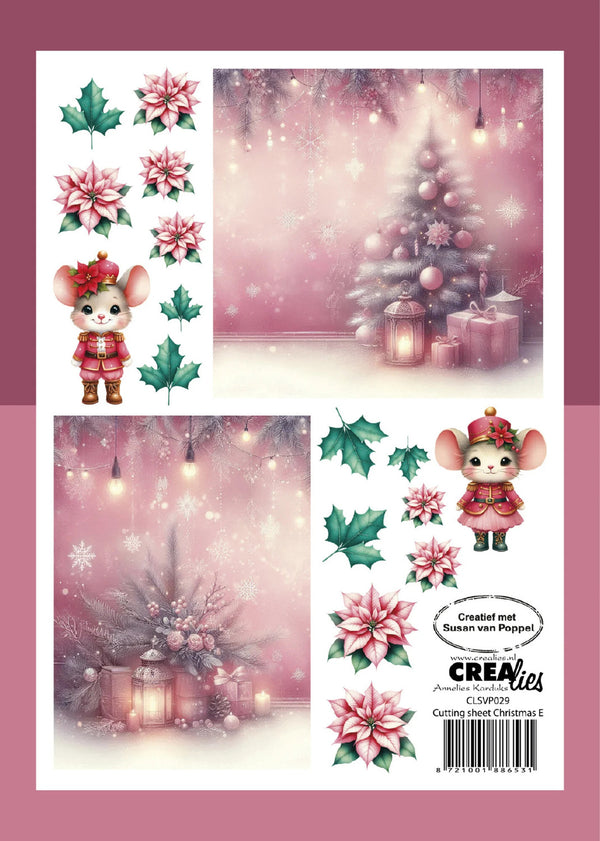 A Christmas-themed craft sticker or decoupage sheet featuring pink poinsettias, green holly leaves, a decorated Christmas tree, lanterns, and two cute cartoon mice in holiday outfits. The sheet is shown against a pink background with branding text 'CREaTies' and 'Cutsie Heart Christmas E' visible.