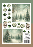 A Christmas-themed craft sheet or sticker/decal set with winter forest scenes, poinsettias, green leaves, two gnome characters, and printed text including 'Creations' and a barcode.
