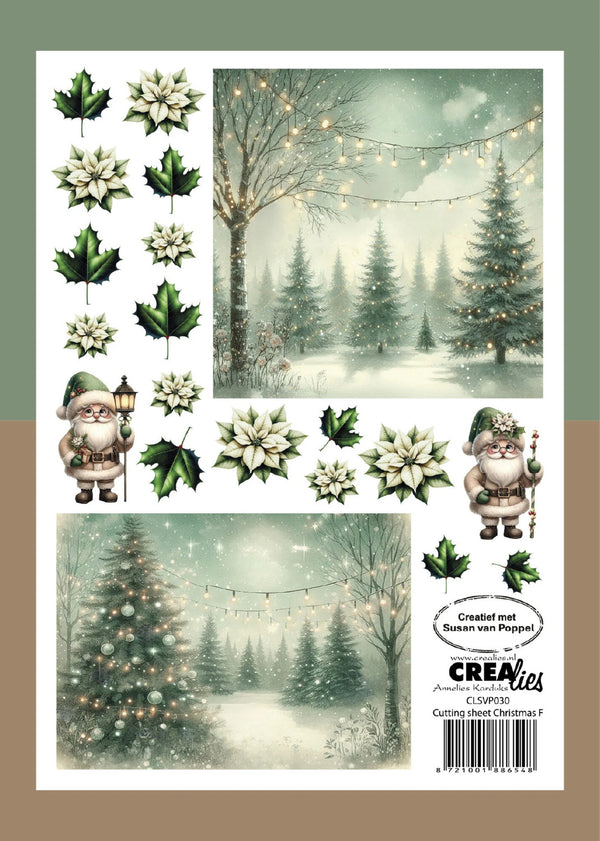 A Christmas-themed craft sheet or sticker/decal set with winter forest scenes, poinsettias, green leaves, two gnome characters, and printed text including 'Creations' and a barcode.