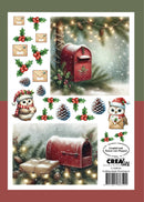 A Christmas-themed paper craft sheet featuring a red mailbox, holly, pinecones, envelopes, snowy owl illustrations, and warm string lights, with the brand name Creations by Sinter van Poppel visible on the sheet.