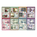 A set of eight Christmas-themed sticker sheets arranged in a 4-by-2 grid on a white background. Each sheet features different holiday illustrations including snow-covered trees, red mistletoe, Santa Claus, ornaments, and festive lights in pastel and vibrant colors.