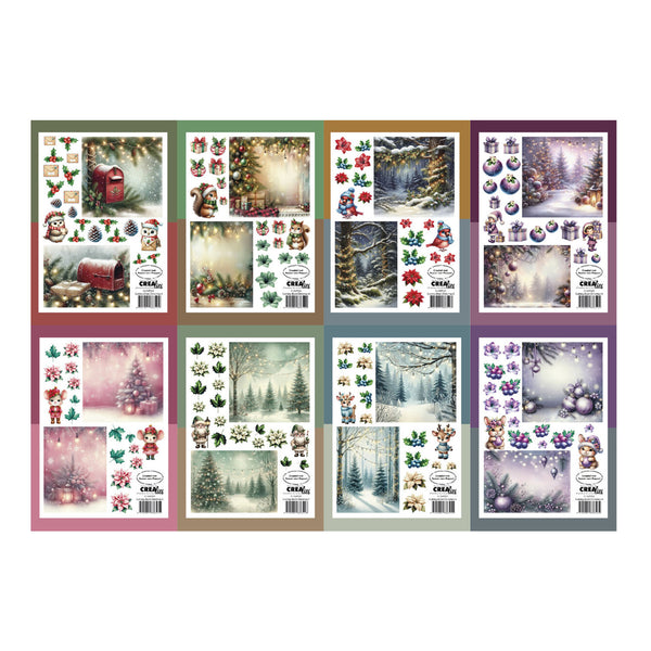 A set of eight Christmas-themed sticker sheets arranged in a 4-by-2 grid on a white background. Each sheet features different holiday illustrations including snow-covered trees, red mistletoe, Santa Claus, ornaments, and festive lights in pastel and vibrant colors.