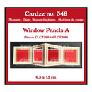 Product listing graphic for Cardzz no. 348 Window Panels A, showing three sample window panel designs with red fabric inserts and cream borders on a white background with red text and a black outer border.