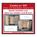 Product information graphic for Cardzz no. 347, showing a double gatefold card and open bay window card design.