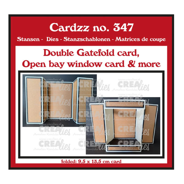 Product information graphic for Cardzz no. 347, showing a double gatefold card and open bay window card design.