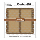 Cardzz 634 gatefold notebook card template package by American Kurable, featuring a front cover design with two layered notebook card mockups, spiral binding details, and a brown horizontal band across the center.