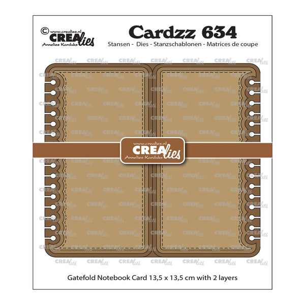 Cardzz 634 gatefold notebook card template package by American Kurable, featuring a front cover design with two layered notebook card mockups, spiral binding details, and a brown horizontal band across the center.