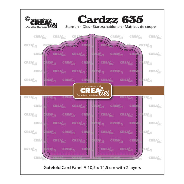 Cardzz 635 Gatefold Card Panel from Ansellations Creations, featuring a purple double-panel design with a brown paper band label across the center on a white background with brand watermarks.