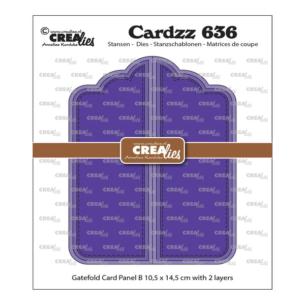 Cardz 636 gatefold card panel B from Amelie Kurnit's Creativities collection, shown as a purple layered die-cut card design on its product packaging card.