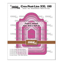 A product package for a Craa-Nest-Lies XXL 193 die set, featuring pink and mauve nested arch-shaped dies on a white card with printed dimensions and brand text.
