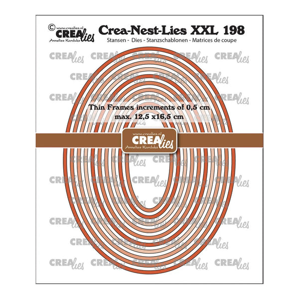 Crea-Nest-Lies XXL 198 Stansen - Dies packaging showing a spiral arrangement of thin orange-brown metal frames on a white background with Crea-Nest-Lies branding.