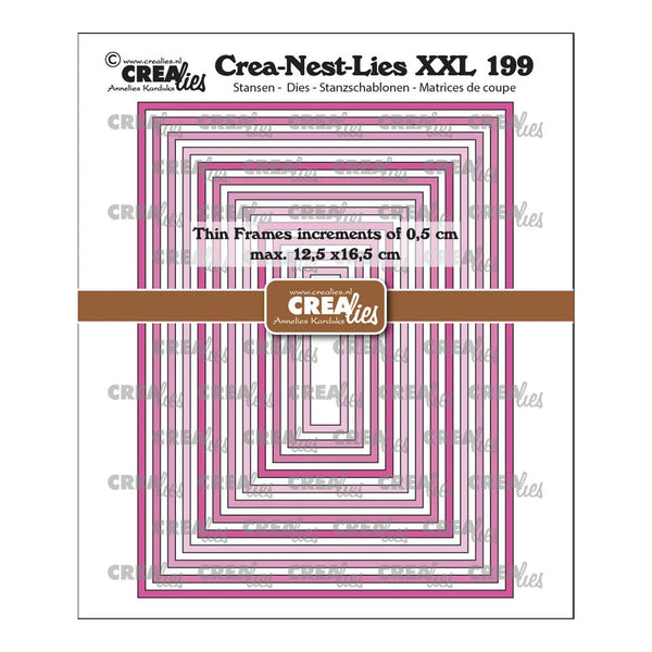 A package of Crafter's Nest Lies XXL 199 die-cutting templates, featuring a graphic of concentric pink and white frames with text detailing the frame increments and dimensions, wrapped in a brown paper band with the Crafter's Nest Lies logo.