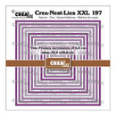A product package for Crea-Nest-Lies XXL 197 die-cutting frames, showing a set of nested rectangular metal frames in purple, white, and gray. The package includes text describing the frames as 'Thin Frames increments of 0,5 cm max.