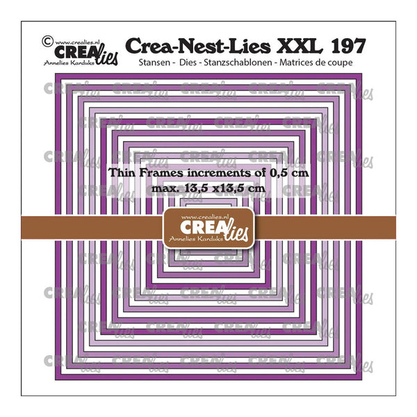 A product package for Crea-Nest-Lies XXL 197 die-cutting frames, showing a set of nested rectangular metal frames in purple, white, and gray. The package includes text describing the frames as 'Thin Frames increments of 0,5 cm max.