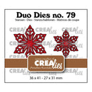 Product packaging for 'Duo Dies no. 79' by CreaLies, featuring two red metal snowflake dies with intricate cutout patterns, displayed on a white background with a brown brand banner.
