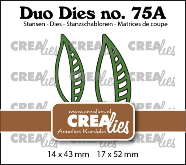 Product information graphic for 'Duo Dies no. 75A' leaf-shaped die stamps.