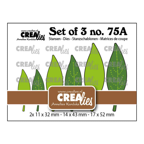 A product packaging card for a set of three leaf-shaped die-cut stickers or stamps, labeled 'Set of 3 no. 75A' with dimensions and the brand name CreaLies.