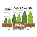 A product card for a set of three leaf-shaped craft dies, showing three green leaf designs in different sizes above brown and green text blocks with dimensions and the brand name CreaLies.