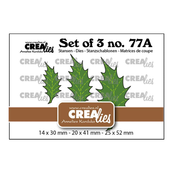 Product packaging for a set of three die-cut stencils from CREA lies, model number 77A. The packaging features illustrations of three green leaf-shaped stencils, dimensions for each size (14 x 30 mm, 20 x 41 mm, 25 x 52 mm), and the CREA lies brand logo.