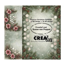 A decorative product card or packaging panel for a Christmas-themed stamp set. The design features a snowy light gray background with pink flowers, green pine branches, pinecones, and hexagonal snowflake motifs.