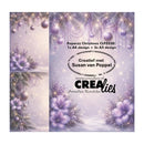 A product presentation card for 'Paperzz Christmas CLPZ028' by Susan van Poppel, featuring a winter-themed design with purple flowers, hanging ornaments, and festive lights on a snowy background, alongside brand logos for Creatief and Creatives.
