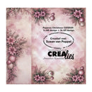 A square product card for a Christmas-themed scrapbook paper design. The card features a dusty pink and beige textured background with floral arrangements, pine branches, and silver ornaments.