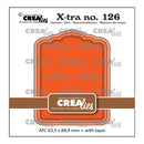Product packaging for a Craeliies X-tra die set, number 126, featuring an orange layered die-cut label template with a brown banner across the middle on a white background.