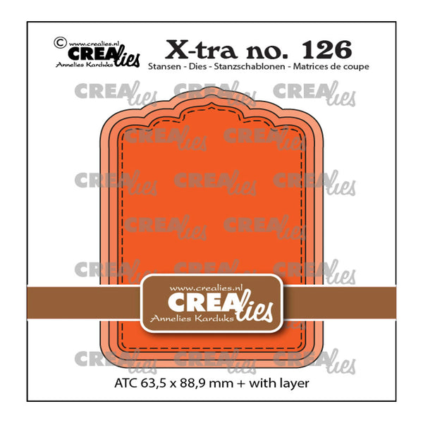 Product packaging for a Craeliies X-tra die set, number 126, featuring an orange layered die-cut label template with a brown banner across the middle on a white background.