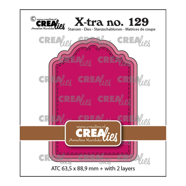 Product packaging for CREA lies X-tra no. 129 die set, featuring a pink layered die template graphic on a white background with brand text and product details.