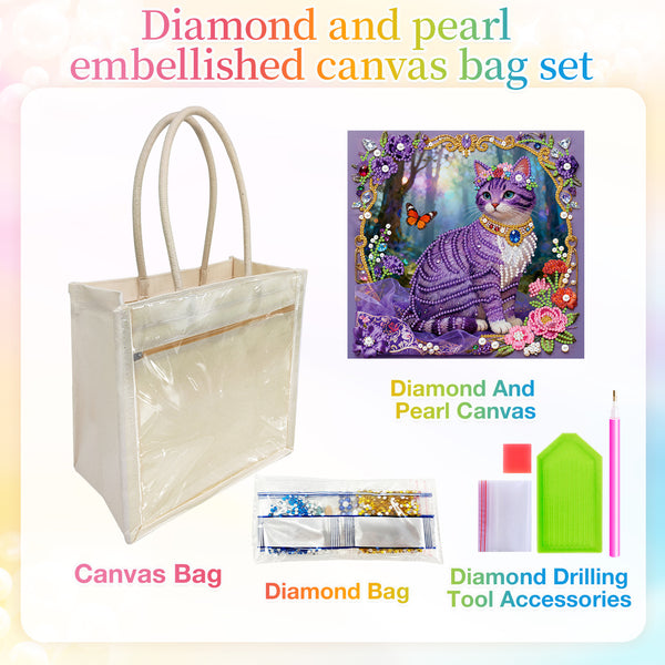 A diamond painting canvas bag set featuring a clear vinyl canvas tote bag with beige handles, a colorful diamond painting canvas depicting a purple cat, a diamond bag, and diamond drilling tool accessories on a pastel rainbow background.