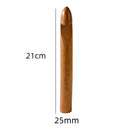 A wooden crochet hook with a pointed tip, shown vertically on a white background with dimension labels indicating 21 cm height and 25 mm width.