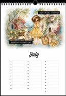 A spiral-bound July desk calendar page featuring a vintage-style watercolor illustration of a girl in a yellow dress standing on a balcony with flowers and a scooter, plus a lined weekly writing grid below.
