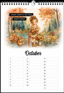 A spiral-bound October calendar page featuring a vintage watercolor illustration of a doll in an autumn forest with a squirrel, sunflowers, and a basket of apples. The page includes blank boxes for numbers and the word October at the top.
