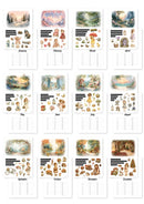 A 12-month planner sticker sheet featuring vintage fairy tale illustrations for each month, with sections for daily writing and decorative stickers, shown on a white background.