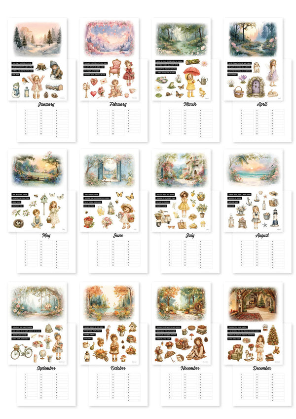 A 12-month planner sticker sheet featuring vintage fairy tale illustrations for each month, with sections for daily writing and decorative stickers, shown on a white background.