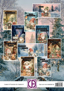 A sheet of Christmas-themed sticker designs featuring gnomes in winter scenes, arranged over a snowy forest background. The stickers show various holiday illustrations including Santa, snowmen, and garden gnome characters in snowy landscapes.