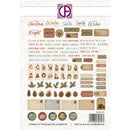 A sheet of Christmas-themed decorative stickers and labels from Creation & Production by CreateArt, featuring vintage-style tags, holiday phrases, pinecones, holly leaves, ornaments, and seasonal illustrations on a white background.