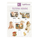 Crafted Memories Birthday Calendar set, featuring 12 vintage-style illustrated calendar sheets with watercolor designs of fairies, bunnies, a girl in a dress, a basket of strawberries, and a yellow duck on an off-white patterned background.