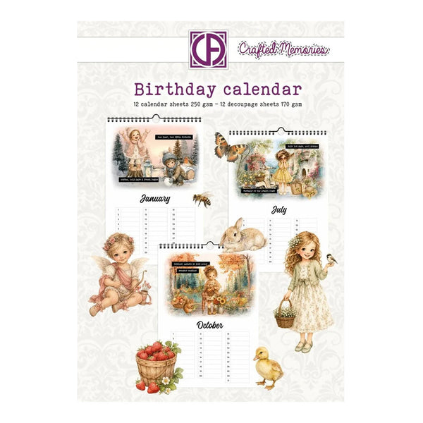 Crafted Memories Birthday Calendar set, featuring 12 vintage-style illustrated calendar sheets with watercolor designs of fairies, bunnies, a girl in a dress, a basket of strawberries, and a yellow duck on an off-white patterned background.