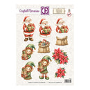 A sheet of Christmas-themed craft stickers or decals from Crafted Memories, featuring illustrated Santa Claus figures, elves, a sack of gifts, and red poinsettias on a light patterned background.