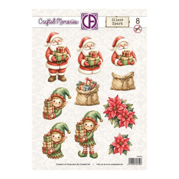 A sheet of Christmas-themed craft stickers or decals from Crafted Memories, featuring illustrated Santa Claus figures, elves, a sack of gifts, and red poinsettias on a light patterned background.