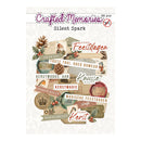 Crafted Memories 'Silent Spark' Christmas scrapbook paper sheet featuring a collage of vintage-style holiday labels, pinecones, holly, and festive text in warm neutral and red tones.