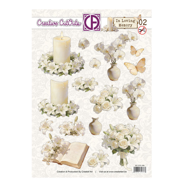 Decorative sheet with floral and candle designs by Creative Cutouts on a white background.