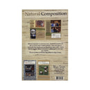 Back cover of the 'Natural Composition' craft book by Magic Scapes, featuring a rustic wood-grain background with product photos, descriptions, and contact details.