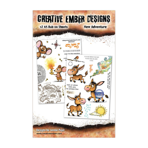 Creative Ember Designs 'New Adventure' rub-on sheets packaging, featuring cartoon illustrations of a mouse, donkey, bird, and sun on the front cover.